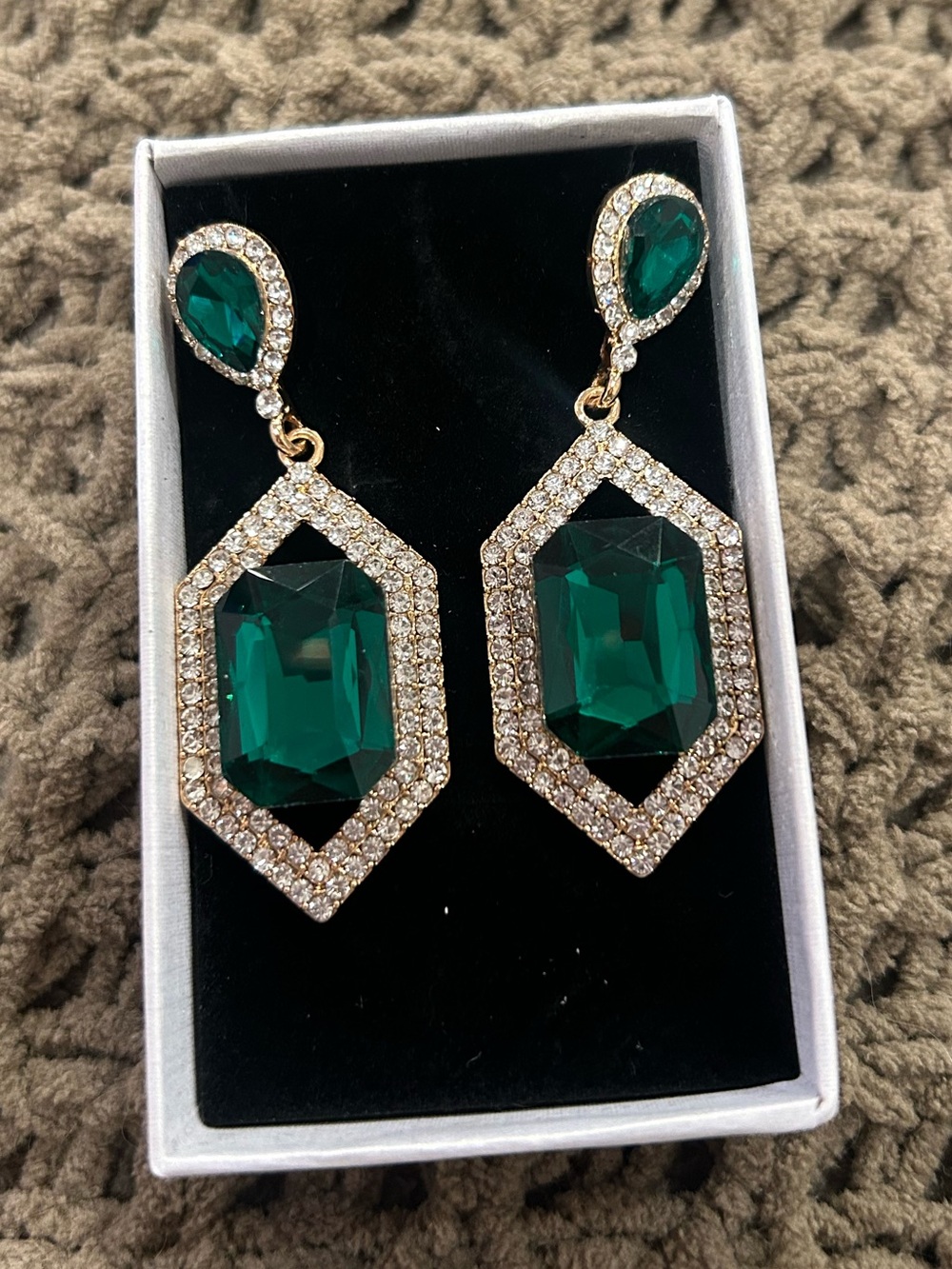 Gold-Tone Emerald Green Crystal Drop Earrings with Pavé Accents